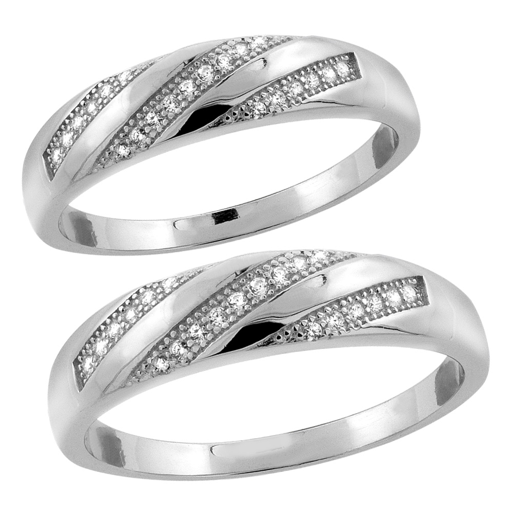 STERLING SILVER MICRO PAVE CUBIC ZIRCONIA WEDDING RING 2-PIECE SET 5 MM HIM & HERS 5 MM, SIZES M 8-14 L 5-10