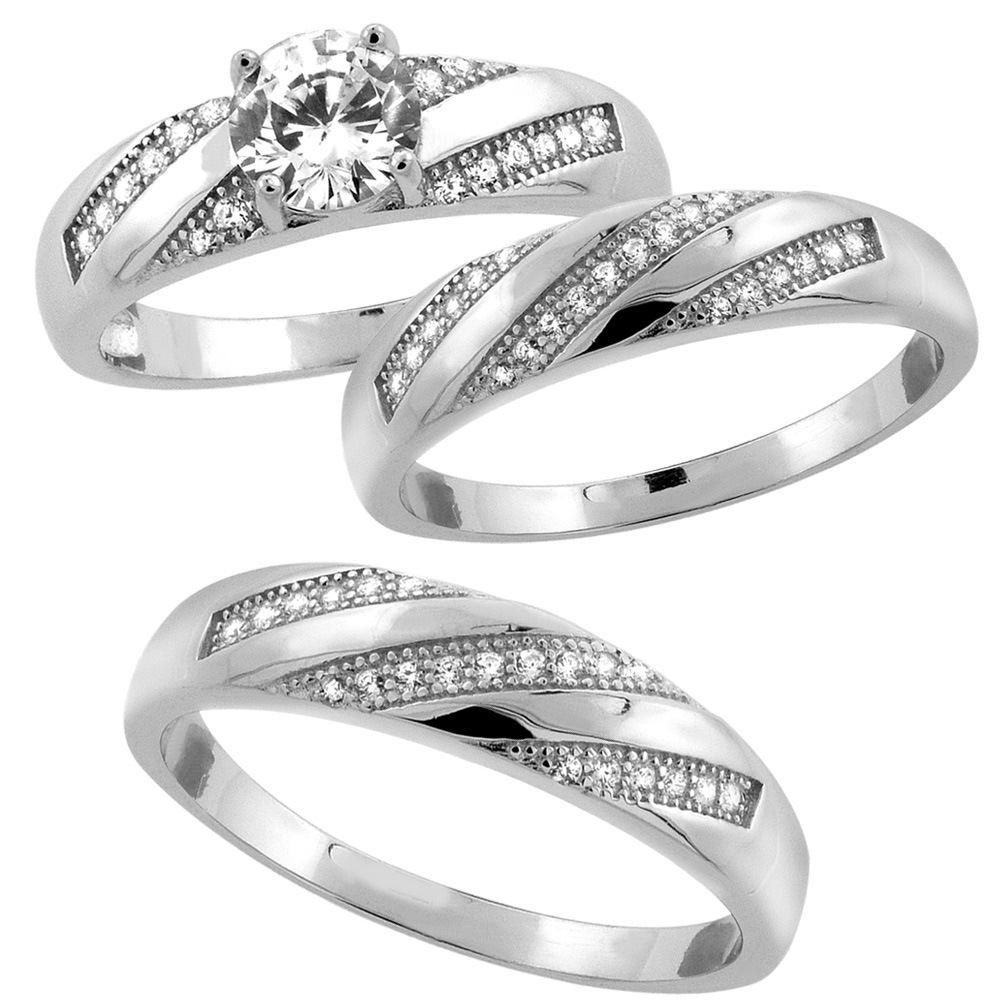 STERLING SILVER MICRO PAVE CUBIC ZIRCONIA TRIO WEDDING RING SET FOR 5 MM HIM & HERS 6 MM, L 5 - 10 & M 8 - 14