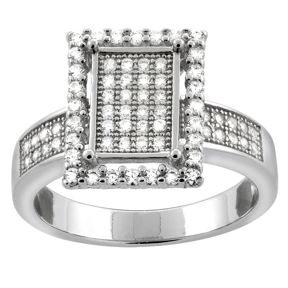 STERLING SILVER MICRO PAVE CUBIC ZIRCONIA RECTANGULAR HALO LADIES' ENGAGEMENT RING, 1/2 INCH WIDE, SIZES 5 TO 10