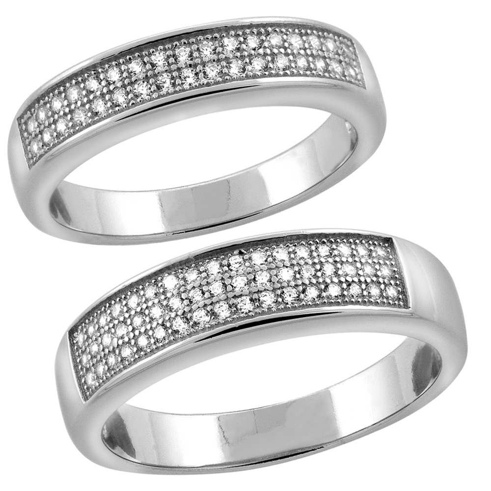 STERLING SILVER MICRO PAVE CUBIC ZIRCONIA WEDDING RING 2-PIECE SET 5.6 MM HIM & HERS 4 MM, SIZES M 8-14 L 5-10