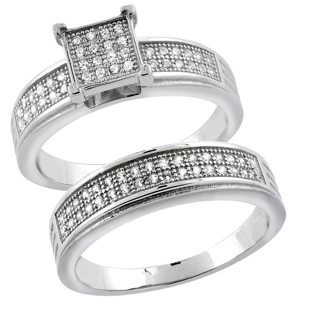 STERLING SILVER MICRO PAVE CUBIC ZIRCONIA SQUARE LADIES' ENGAGEMENT 2-PIECE RING SET, 1/4 INCH WIDE, SIZES 5 TO 10
