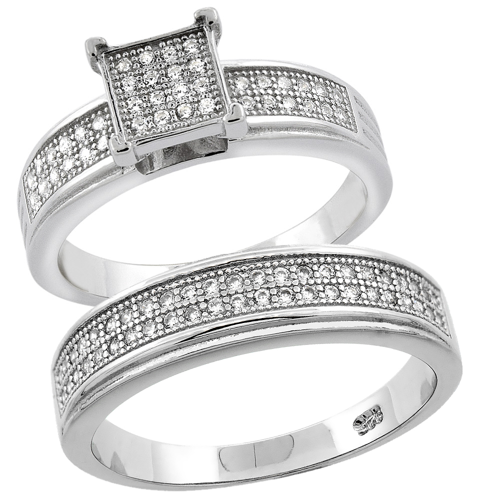 STERLING SILVER MICRO PAVE CUBIC ZIRCONIA ENGAGEMENT RING SET FOR 5 MM HIM & HERS 6 MM, L 5 - 10 & M 8 - 14