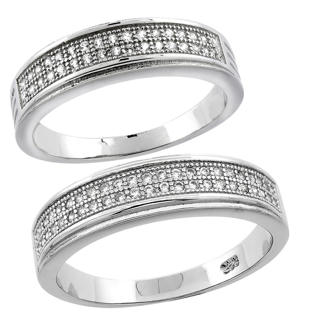 STERLING SILVER MICRO PAVE CUBIC ZIRCONIA WEDDING RING 2-PIECE SET 5 MM HIM & HERS 5 MM, SIZES M 8-14 L 5-10