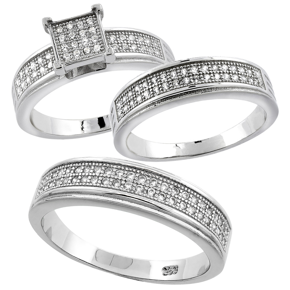 STERLING SILVER MICRO PAVE CUBIC ZIRCONIA TRIO WEDDING RING SET FOR 5 MM HIM & HERS 5 MM, L 5 - 10 & M 8 - 14
