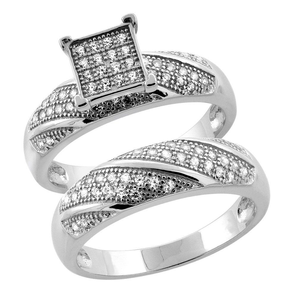 STERLING SILVER MICRO PAVE CUBIC ZIRCONIA SQUARE LADIES' ENGAGEMENT 2-PIECE RING SET, 1/4 INCH WIDE, SIZES 5 TO 10