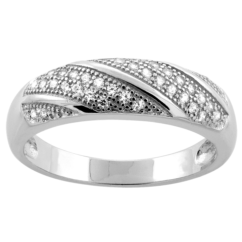 STERLING SILVER MICRO PAVE CUBIC ZIRCONIA STRIPED LADIES' WEDDING BAND, 3/16 INCH WIDE, SIZES 5 TO 10