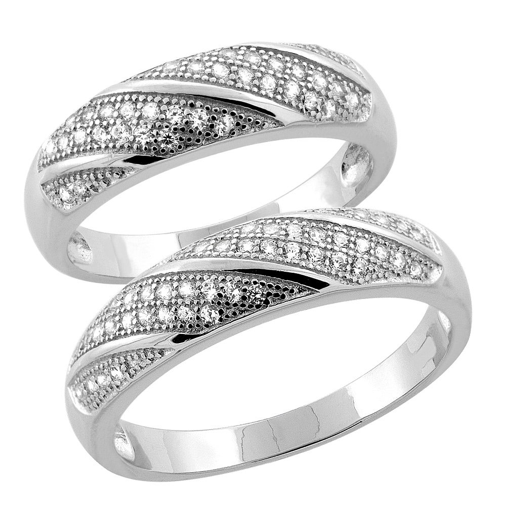 STERLING SILVER MICRO PAVE CUBIC ZIRCONIA WEDDING RING 2-PIECE SET 5 MM HIM & HERS 5 MM, SIZES M 8-14 L 5-10