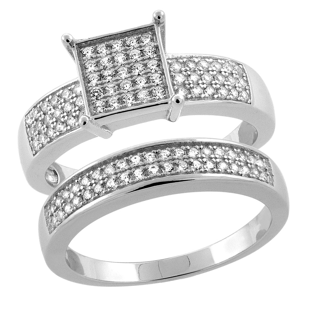 STERLING SILVER MICRO PAVE CUBIC ZIRCONIA SQUARE LADIES' ENGAGEMENT 2-PIECE RING SET, 5/16 INCH WIDE, SIZES 5 TO 10
