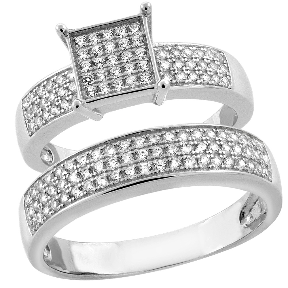 STERLING SILVER MICRO PAVE CUBIC ZIRCONIA ENGAGEMENT RING SET FOR 5 MM HIM & HERS 8 MM, L 5 - 10 & M 8 - 14