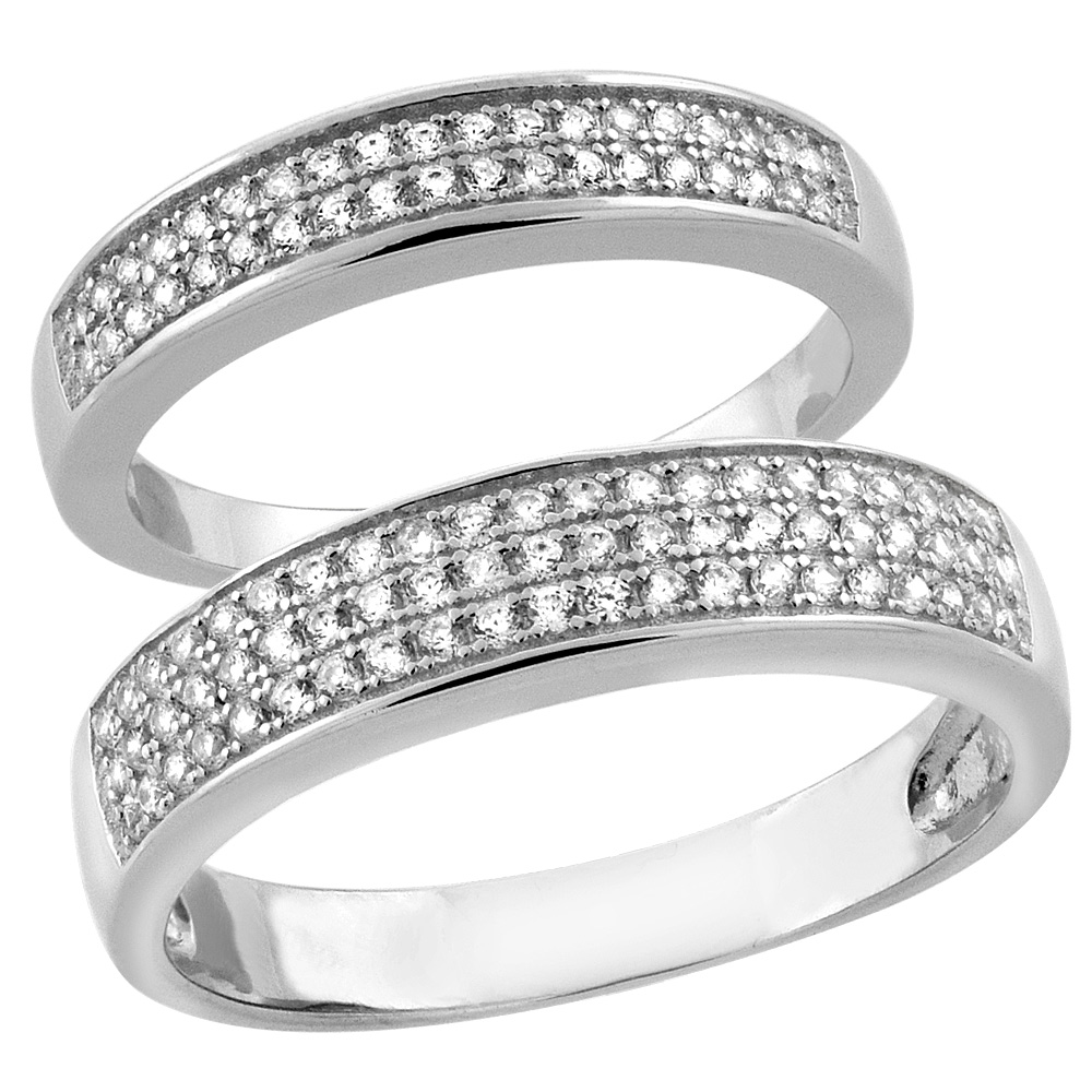 STERLING SILVER MICRO PAVE CUBIC ZIRCONIA WEDDING RING 2-PIECE SET 5 MM HIM & HERS 4 MM, SIZES M 8-14 L 5-10