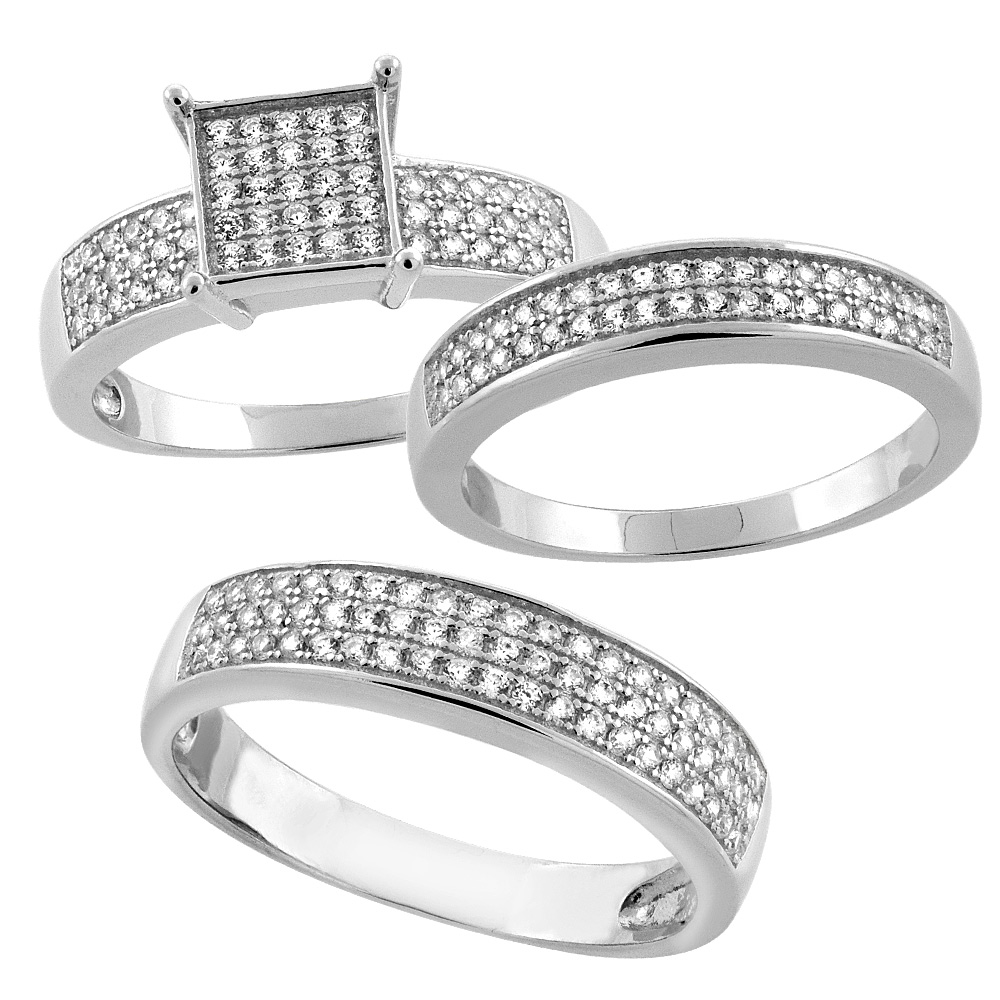 STERLING SILVER MICRO PAVE CUBIC ZIRCONIA TRIO WEDDING RING SET FOR 5 MM HIM & HERS 4 MM, L 5 - 10 & M 8 - 14