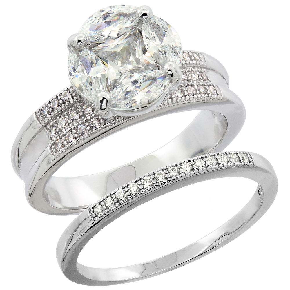 STERLING SILVER MICRO PAVE CUBIC ZIRCONIA ROUND LADIES' ENGAGEMENT 2-PIECE RING SET, 3/8 INCH WIDE, SIZES 5 TO 10