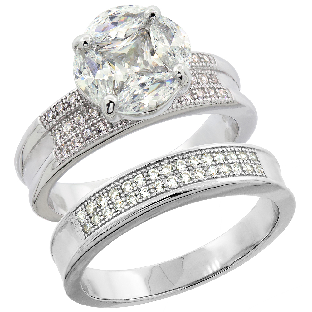 STERLING SILVER MICRO PAVE CUBIC ZIRCONIA ENGAGEMENT RING SET FOR 4 MM HIM & HERS 10 MM, L 5 - 10 & M 8 - 14