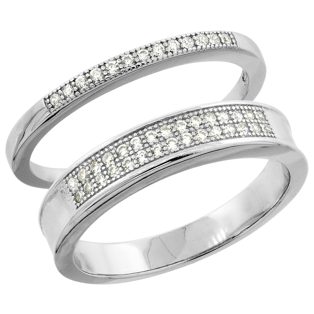 STERLING SILVER MICRO PAVE CUBIC ZIRCONIA WEDDING RING 2-PIECE SET 4 MM HIM & HERS 2 MM, SIZES M 8-14 L 5-10