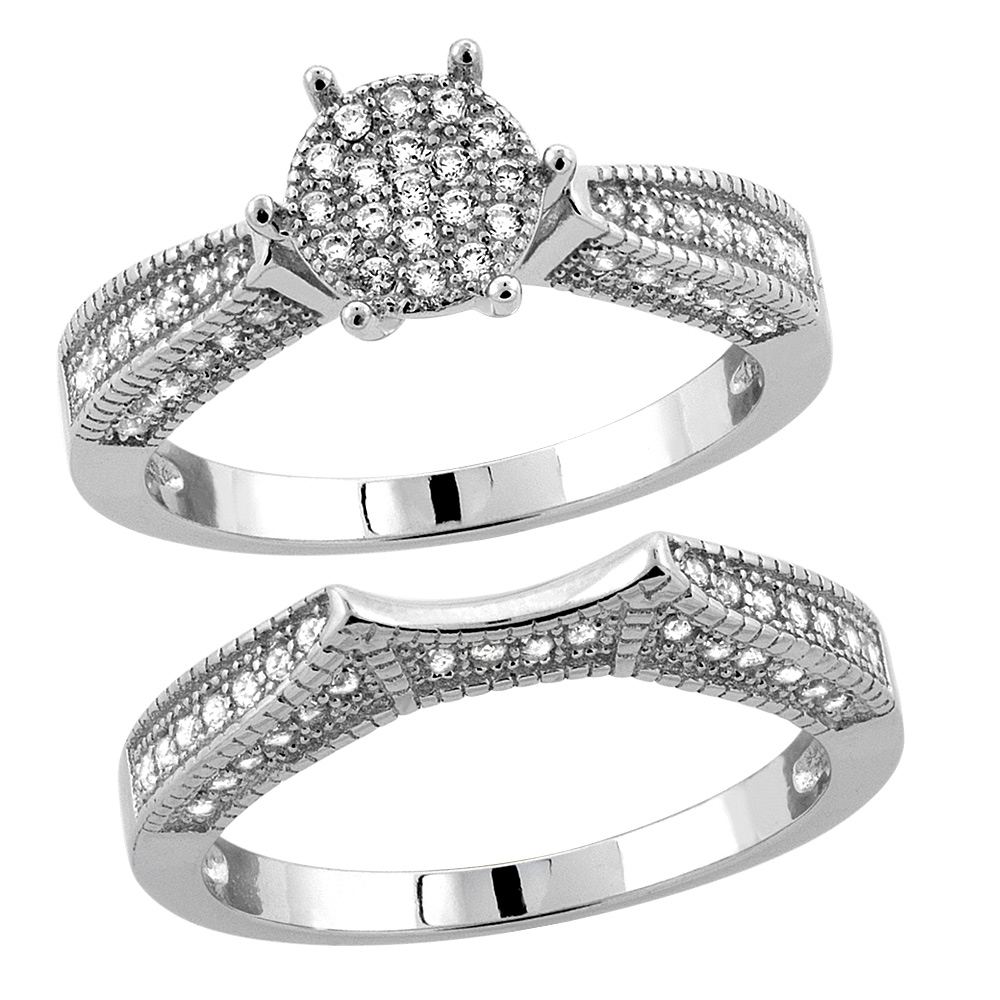 STERLING SILVER MICRO PAVE CUBIC ZIRCONIA ROUND LADIES' ENGAGEMENT 2-PIECE RING SET, 5/16 INCH WIDE, SIZES 5 TO 10