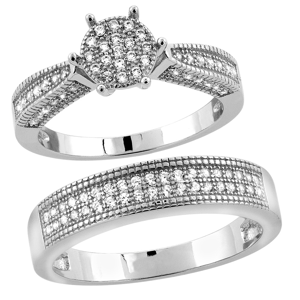 STERLING SILVER MICRO PAVE CUBIC ZIRCONIA ENGAGEMENT RING SET FOR 5 MM HIM & HERS 7 MM, L 5 - 10 & M 8 - 14