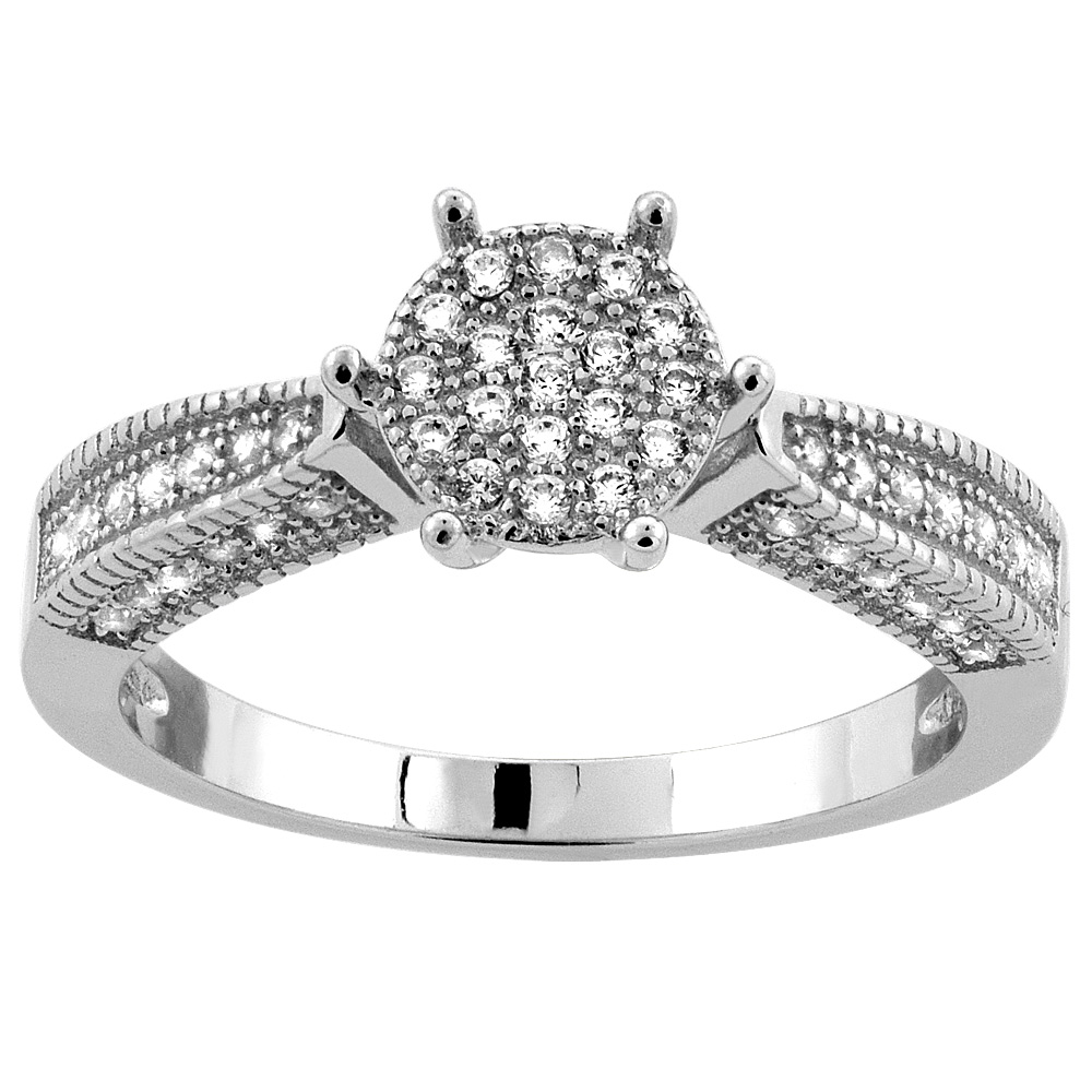 STERLING SILVER MICRO PAVE CUBIC ZIRCONIA ROUND LADIES' ENGAGEMENT RING MILLGRAIN-EDGE, 5/16 INCH WIDE, SIZES 5 TO 10