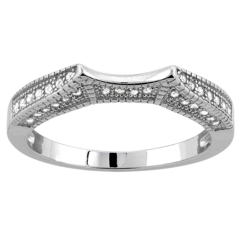 STERLING SILVER MICRO PAVE CUBIC ZIRCONIA LADIES' WEDDING BAND MILLGRAIN-EDGE, 1/8 INCH WIDE, SIZES 5 TO 10