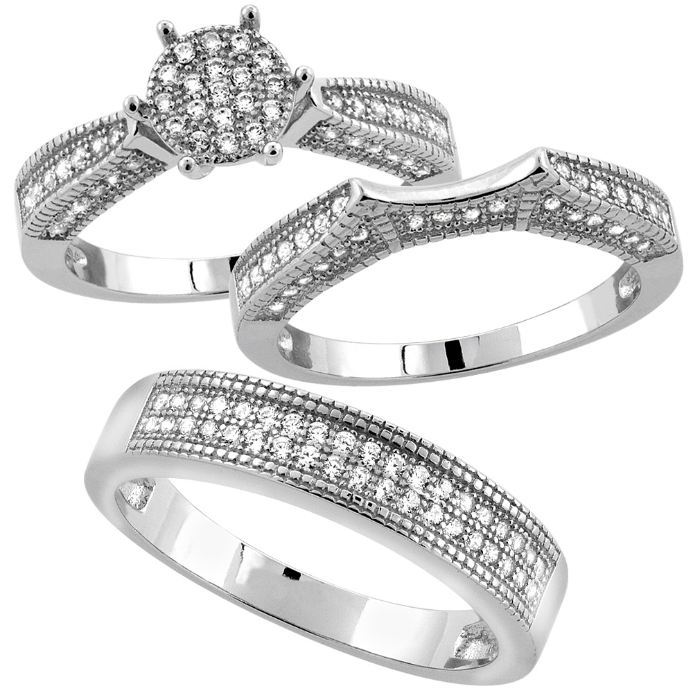 STERLING SILVER MICRO PAVE CUBIC ZIRCONIA TRIO WEDDING RING SET FOR 5 MM HIM & HERS 3 MM, L 5 - 10 & M 8 - 14