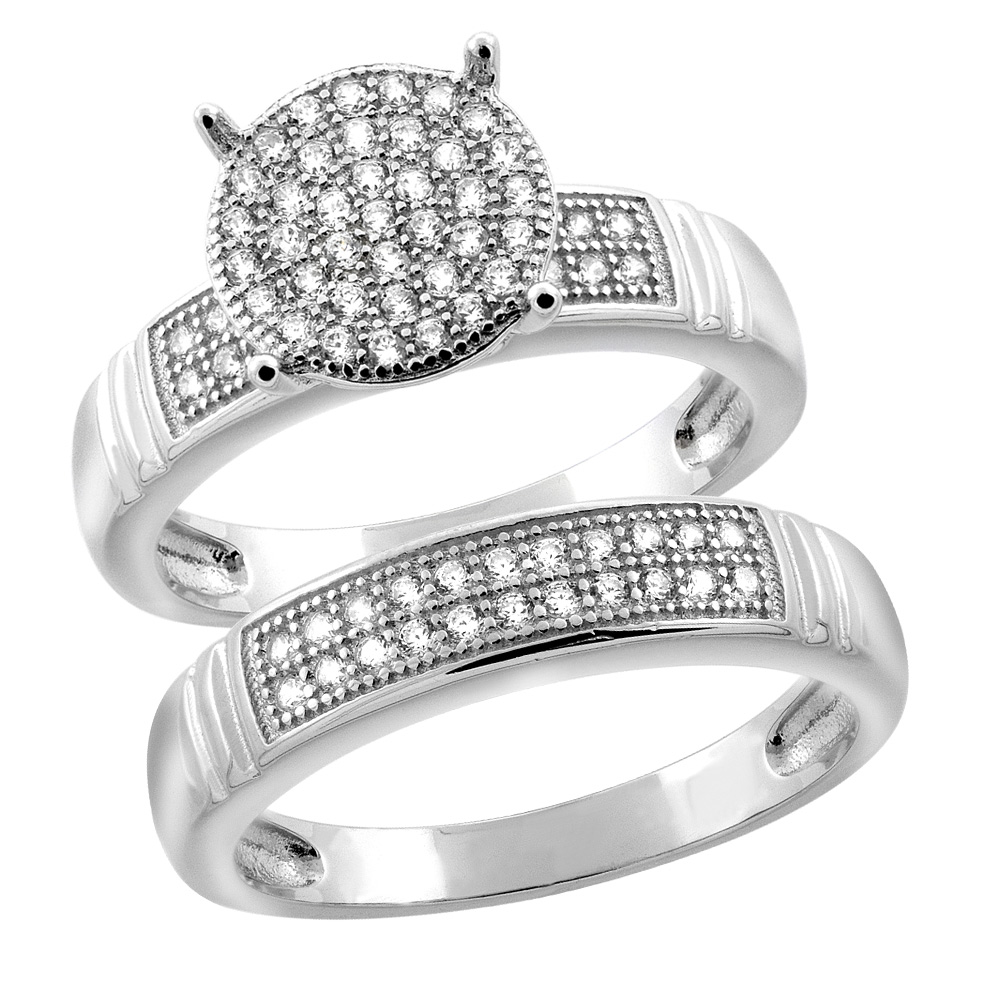 STERLING SILVER MICRO PAVE CUBIC ZIRCONIA ROUND LADIES' ENGAGEMENT 2-PIECE RING SET, 3/8 INCH WIDE, SIZES 5 TO 10