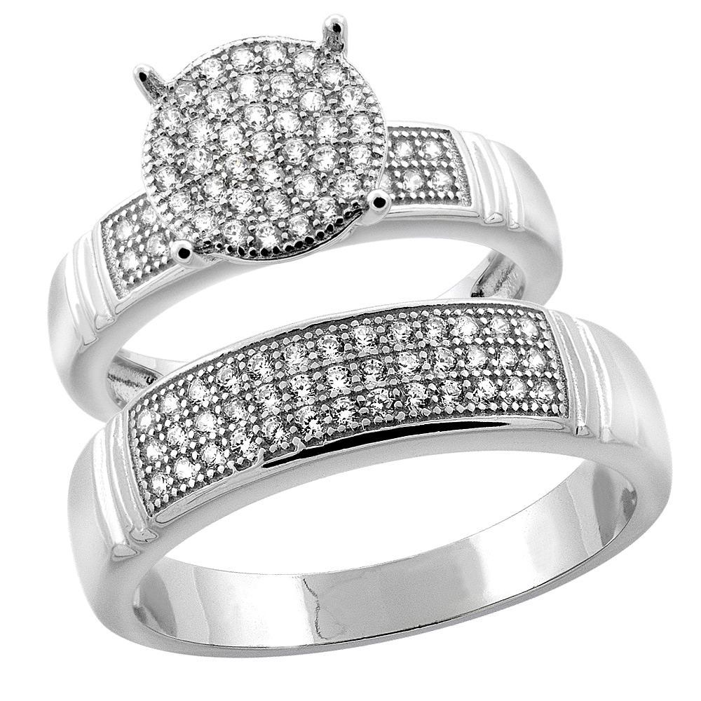 STERLING SILVER MICRO PAVE CUBIC ZIRCONIA ENGAGEMENT RING SET FOR 5 MM HIM & HERS 9.5 MM, L 5 - 10 & M 8 - 14