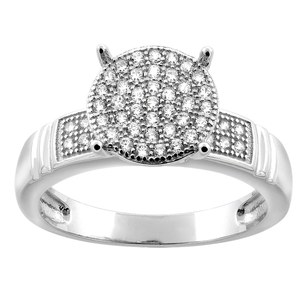 STERLING SILVER MICRO PAVE CUBIC ZIRCONIA ROUND LADIES' ENGAGEMENT RING, 3/8 INCH WIDE, SIZES 5 TO 10
