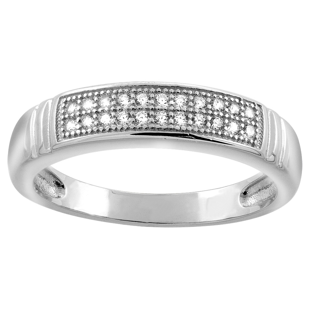 STERLING SILVER MICRO PAVE CUBIC ZIRCONIA LADIES' WEDDING BAND, 3/8 INCH WIDE, SIZES 5 TO 10
