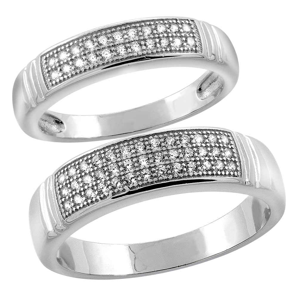 STERLING SILVER MICRO PAVE CUBIC ZIRCONIA WEDDING RING 2-PIECE SET 5 MM HIM & HERS 4 MM, SIZES M 8-14 L 5-10