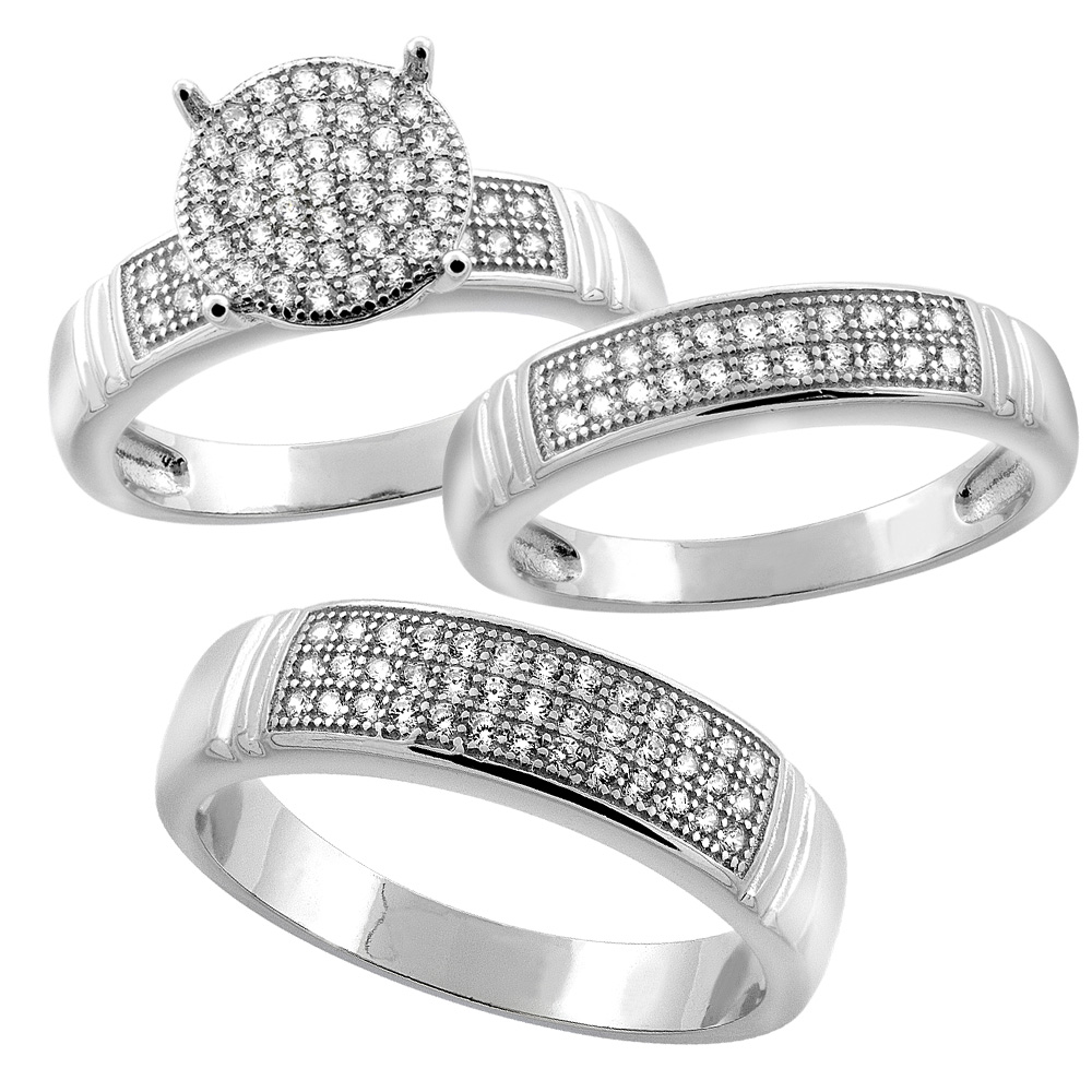 STERLING SILVER MICRO PAVE CUBIC ZIRCONIA TRIO WEDDING RING SET FOR 5 MM HIM & HERS 4 MM, L 5 - 10 & M 8 - 14