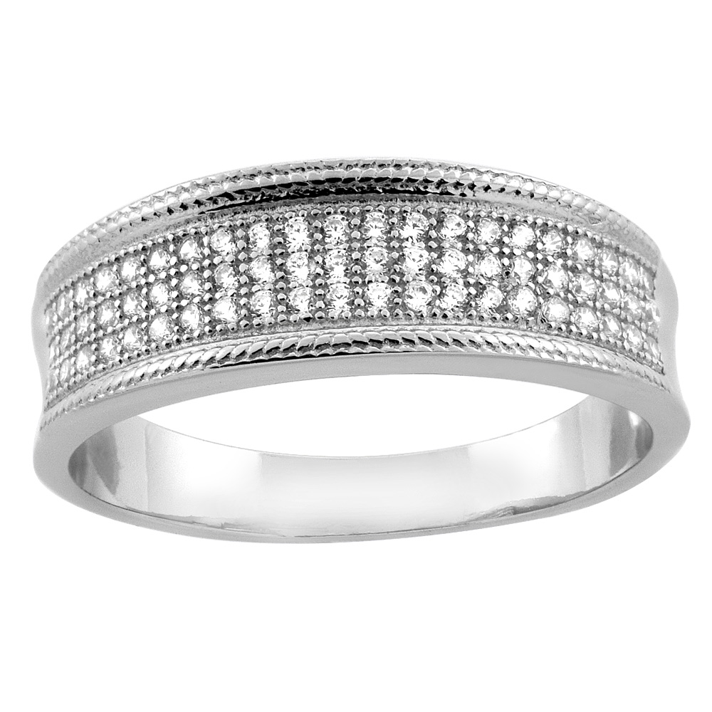 STERLING SILVER MICRO PAVE CUBIC ZIRCONIA MEN'S WEDDING BAND, 1/4 INCH WIDE, SIZES 8 TO 14