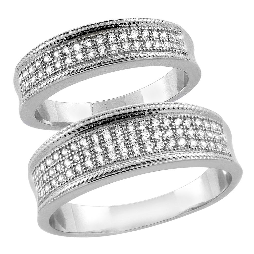 STERLING SILVER MICRO PAVE CUBIC ZIRCONIA WEDDING RING 2-PIECE SET 7 MM HIM & HERS 5 MM, SIZES M 8-14 L 5-10