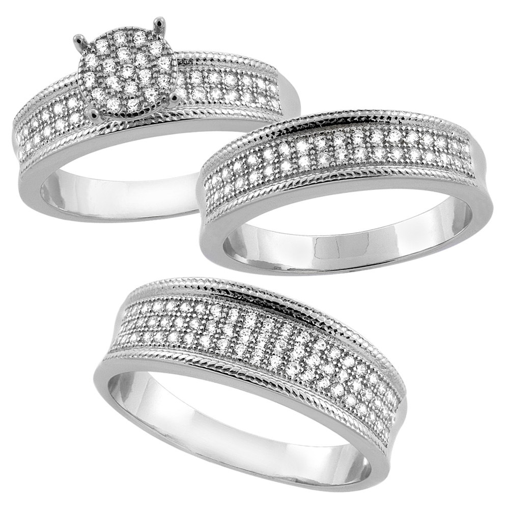 STERLING SILVER MICRO PAVE CUBIC ZIRCONIA TRIO WEDDING RING SET FOR 7 MM HIM & HERS 5 MM, L 5 - 10 & M 8 - 14