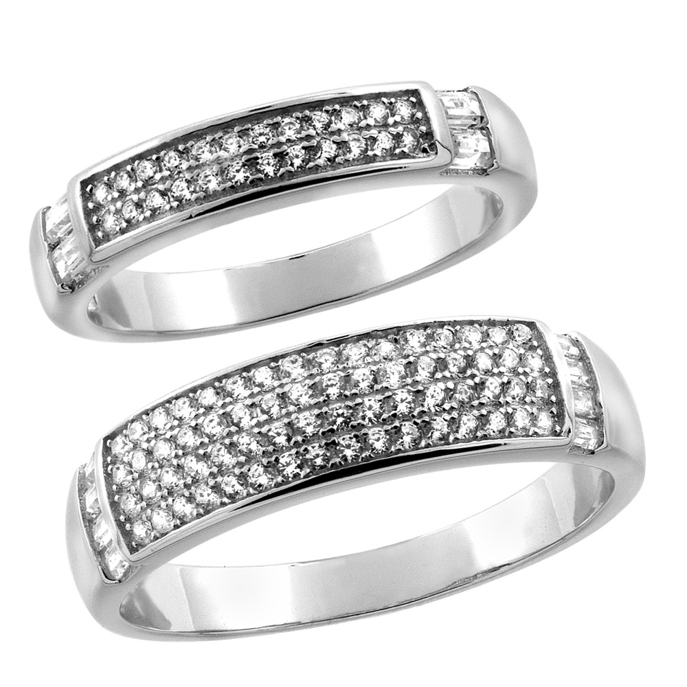 STERLING SILVER MICRO PAVE CUBIC ZIRCONIA WEDDING RING 2-PIECE SET 6 MM HIM & HERS 4 MM, SIZES M 8-14 L 5-10