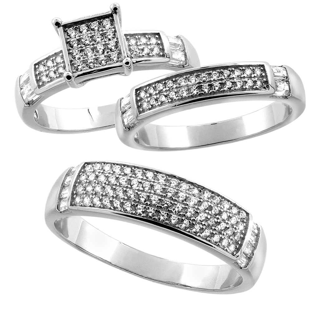 STERLING SILVER MICRO PAVE CUBIC ZIRCONIA TRIO WEDDING RING SET FOR 6 MM HIM & HERS 4 MM, L 5 - 10 & M 8 - 14