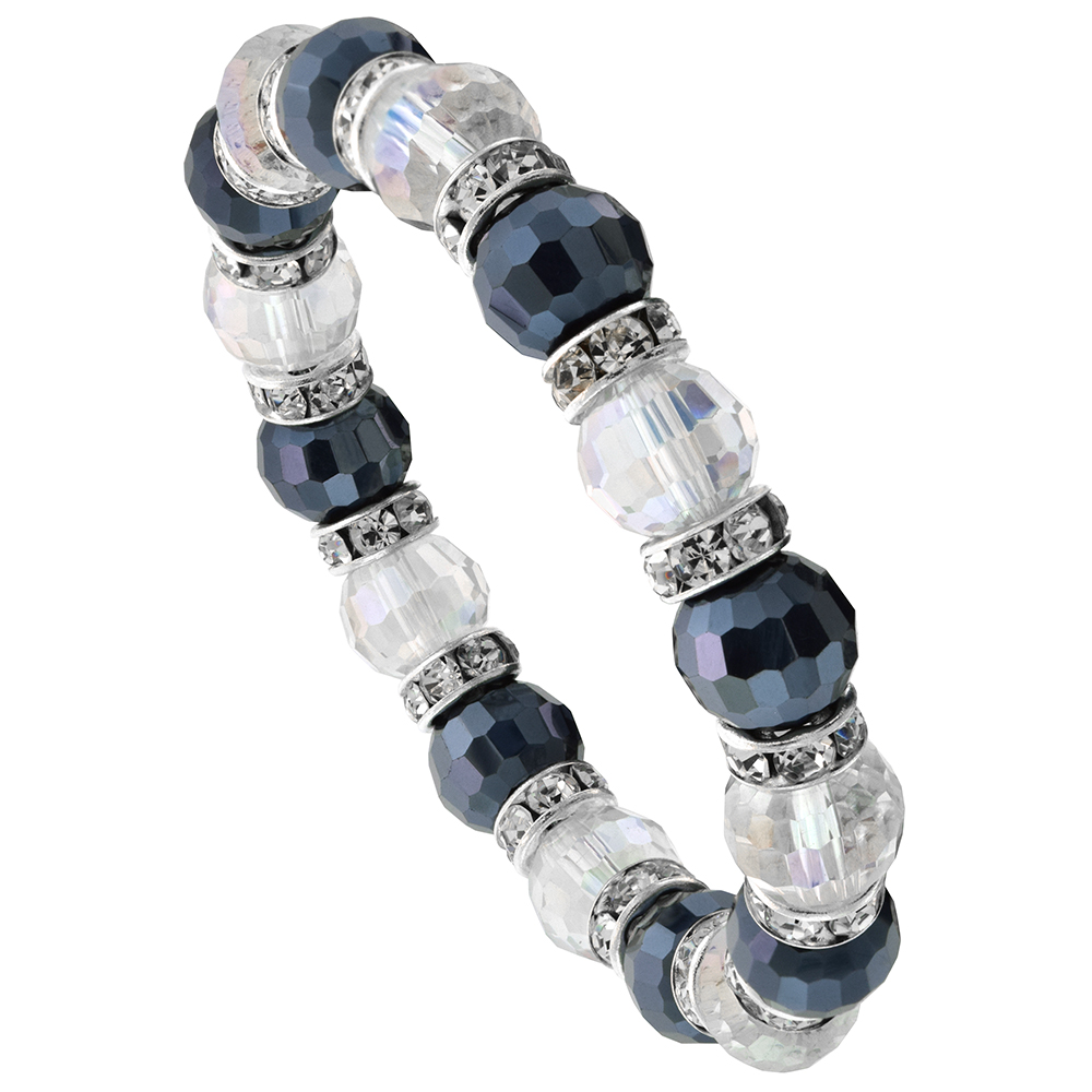Black & Clear Crystal Beads, Faceted, Stretch Bracelet W/ Cubic Zirconia Stones, 7 inch long