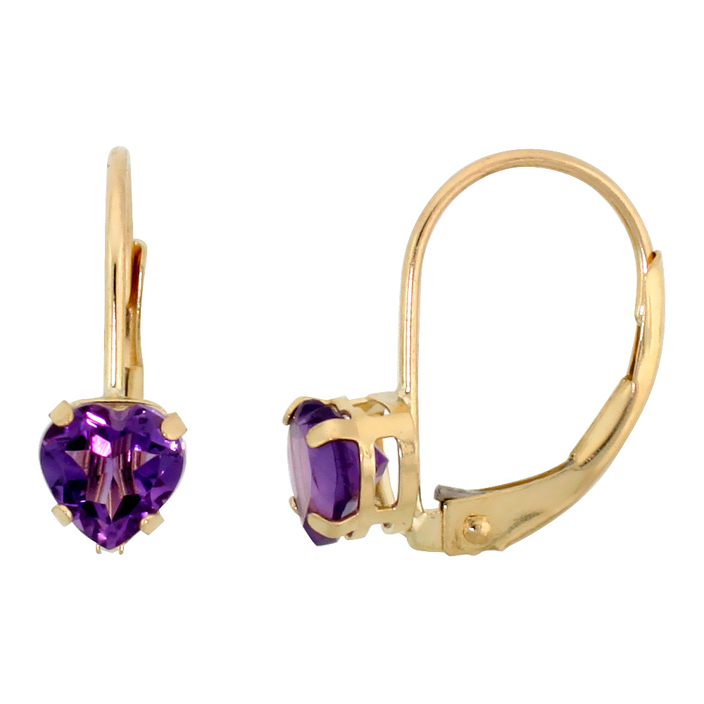 10K YELLOW GOLD NATURAL AMETHYST HEART LEVERBACK EARRINGS 5MM FEBRUARY BIRTHSTONE, 9/16 INCH LONG