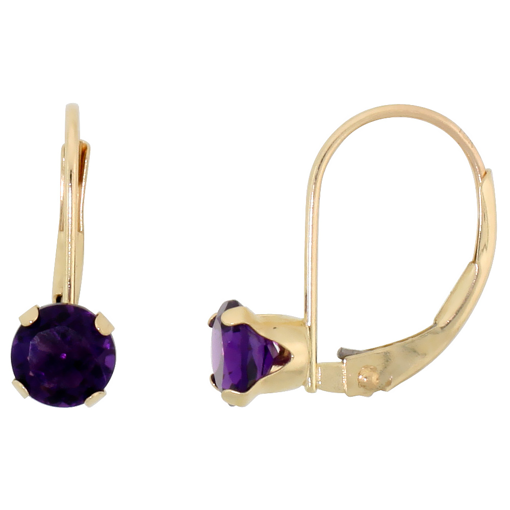 10K YELLOW GOLD NATURAL AMETHYST LEVERBACK EARRINGS 5MM BRILLIANT CUT FEBRUARY BIRTHSTONE, 9/16 INCH LONG