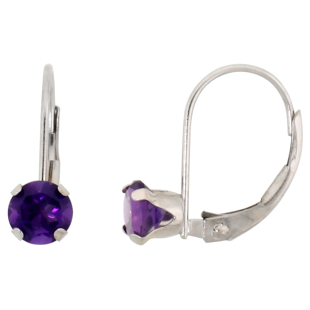10K WHITE GOLD NATURAL AMETHYST LEVERBACK EARRINGS 5MM BRILLIANT CUT FEBRUARY BIRTHSTONE, 9/16 INCH LONG