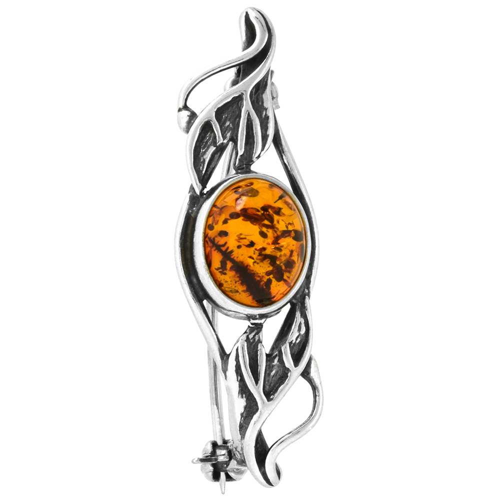 Sterling Silver Oval Russian Baltic Amber Brooch Pin, 1 1/2 inch wide