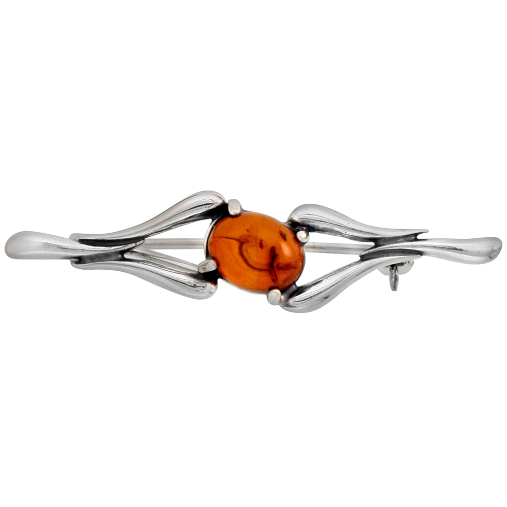Sterling Silver Baltic Amber Oval Cabochon Brooch Pin for Women Antiqued finish approx. 1 9/16 inch wide