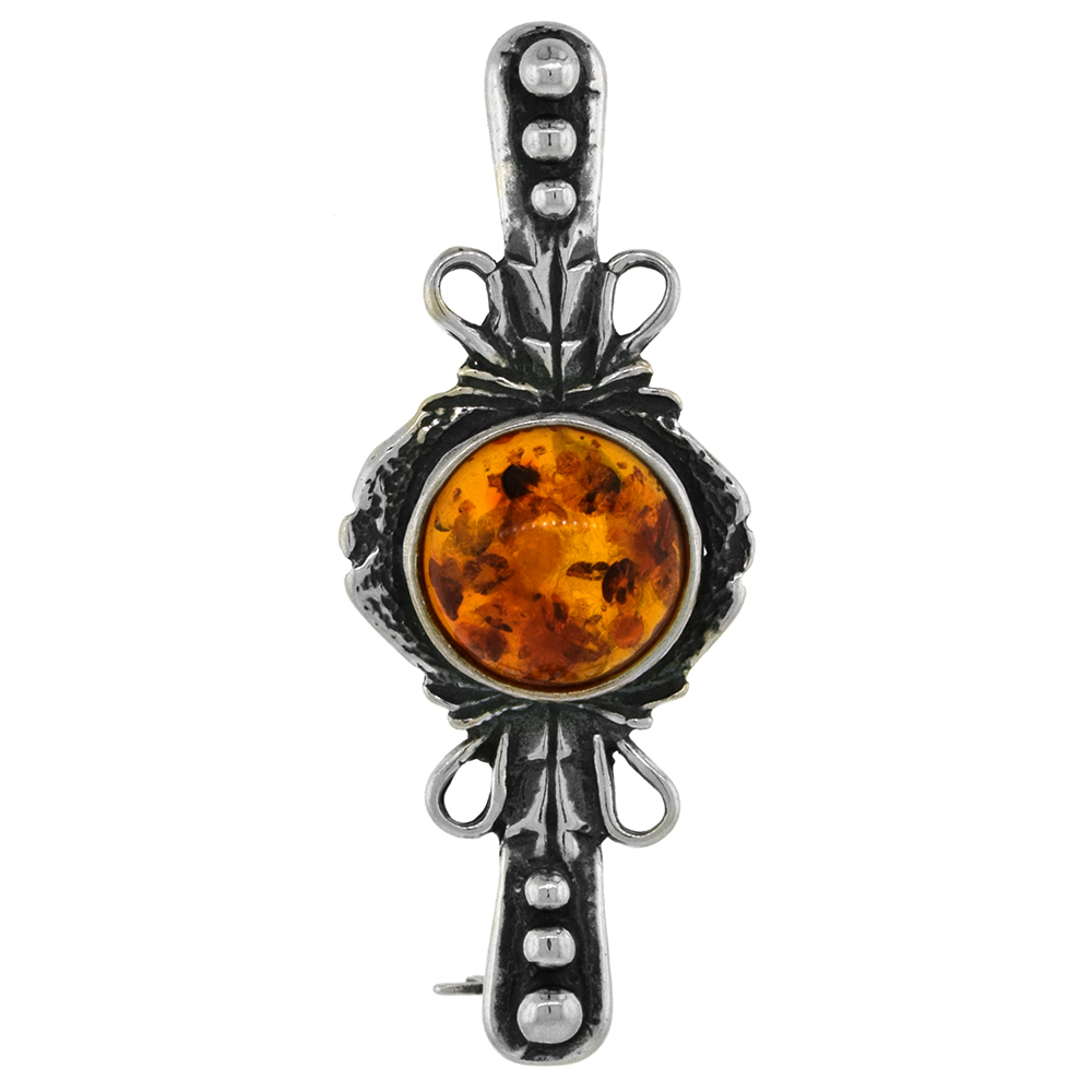 Sterling Silver Baltic Amber Ribbon Brooch Pin for Women Round Cabochon Antiqued finish approx. 1 9/16 inch wide