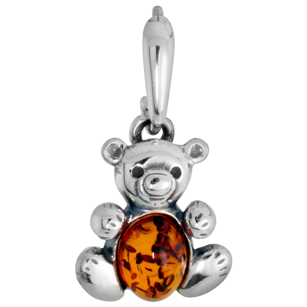 Small Sterling Silver Baltic Amber Teddy Bear Pendant for Women & Teens 8x6mm Oval Cabochon 5/8 inch tall No Chain Included
