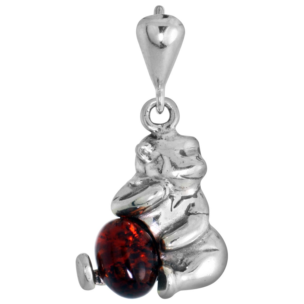 3/4 inch Dainty Sterling Silver Baltic Amber Bear Pendant for Women & Teens Sitting Sideways Oval Cabochon No Chain Included