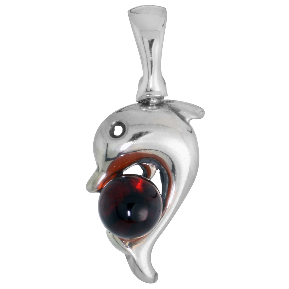 Dainty Sterling Silver Baltic Amber Jumping Dolphin Pendant for Women 5mm Bead No Chain Included