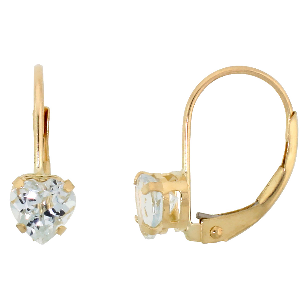 10K YELLOW GOLD NATURAL AQUAMARINE HEART LEVERBACK EARRINGS 5MM MARCH BIRTHSTONE, 9/16 INCH LONG