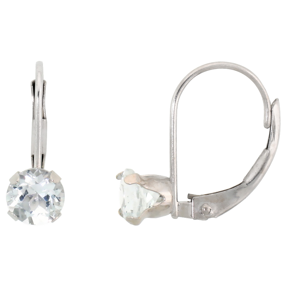 10K WHITE GOLD NATURAL AQUAMARINE LEVERBACK EARRINGS 5MM BRILLIANT CUT MARCH BIRTHSTONE, 9/16 INCH LONG