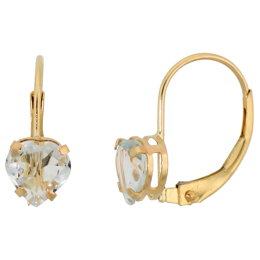 10K YELLOW GOLD NATURAL AQUAMARINE HEART LEVERBACK EARRINGS 6MM MARCH BIRTHSTONE, 9/16 INCH LONG