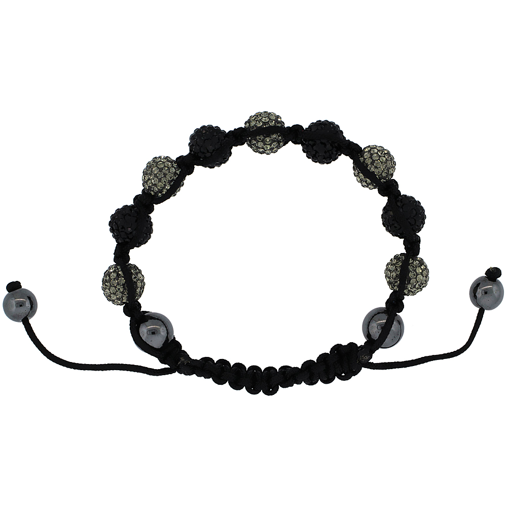 10mm Shamballa Inspired Gray & Black Crystal Ball Bracelet Tibetan Macrame with Hematite Beads, 7- 8 inch