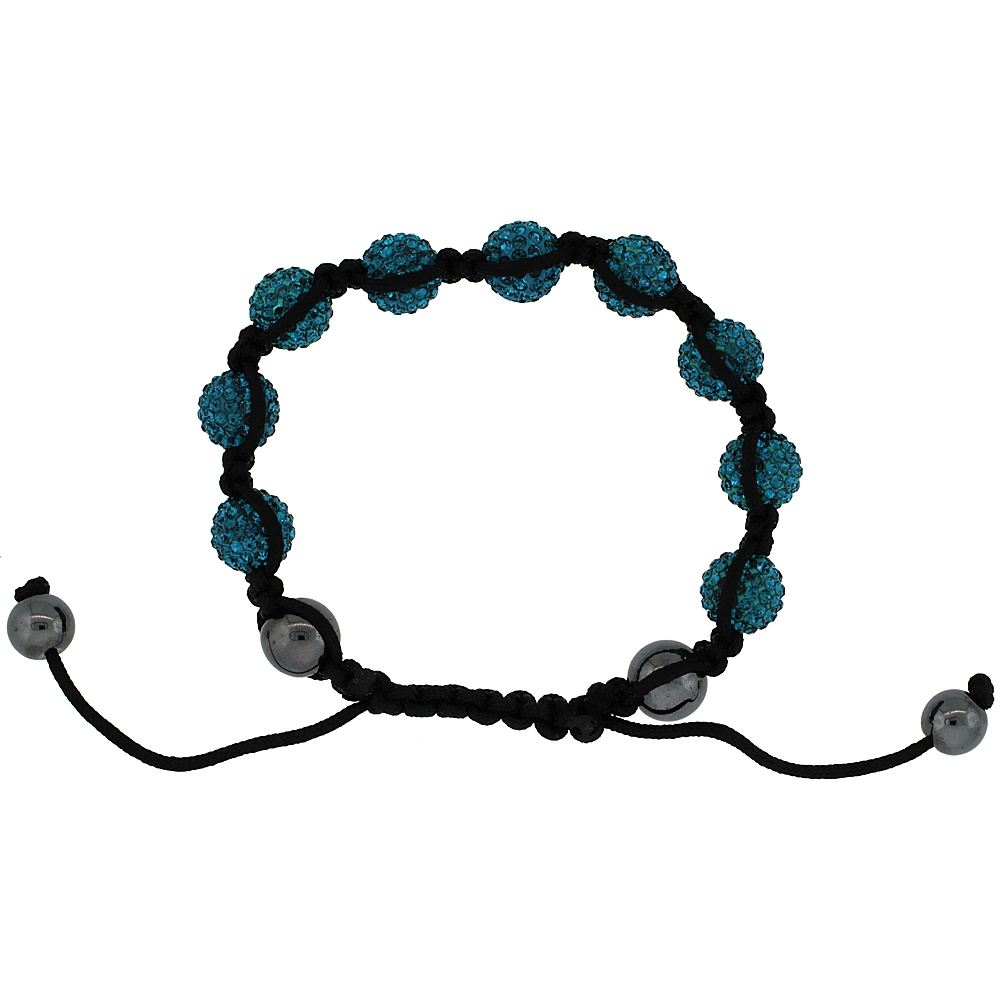 10mm Shamballa Inspired Blue-Green Crystal Ball Bracelet Tibetan Macrame with Hematite Beads, 7- 8 inch