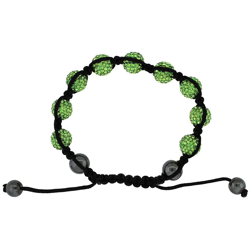 10mm Shamballa Inspired Yellow-Green Crystal Ball Bracelet Tibetan Macrame with Hematite Beads, 7- 8 inch